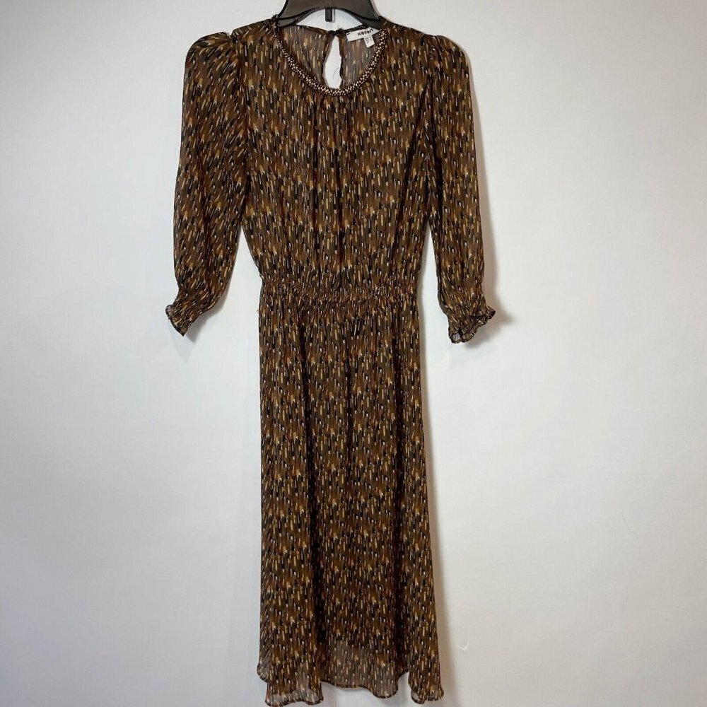 KOTON Womens Puff Long Sleeve Maxi Midi Dress Brown S Elastic Waist‎ Beaded
